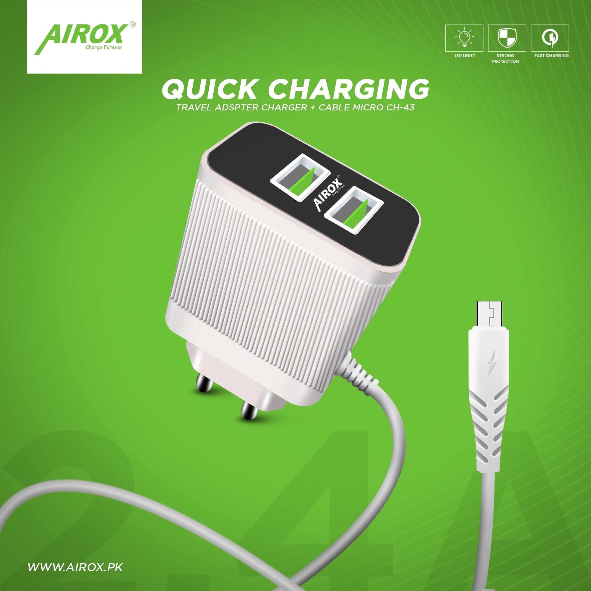 Airox CH43 Fast Charger - 2 USB Ports + 1 V8 Cable | Smart Output for Versatile Charging Airox.pk